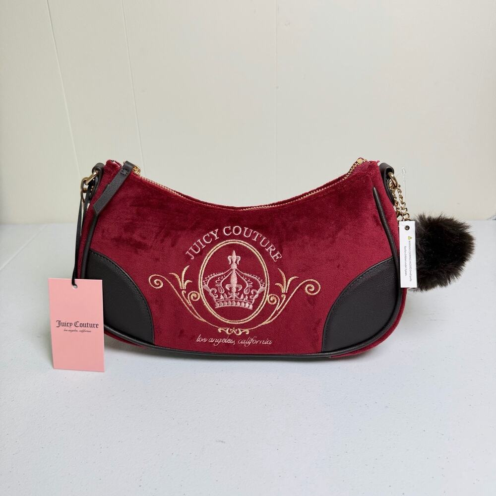 Juicy Couture Cranberry Velour Hobo Shoulder Bag Gold Crest Pom Pom